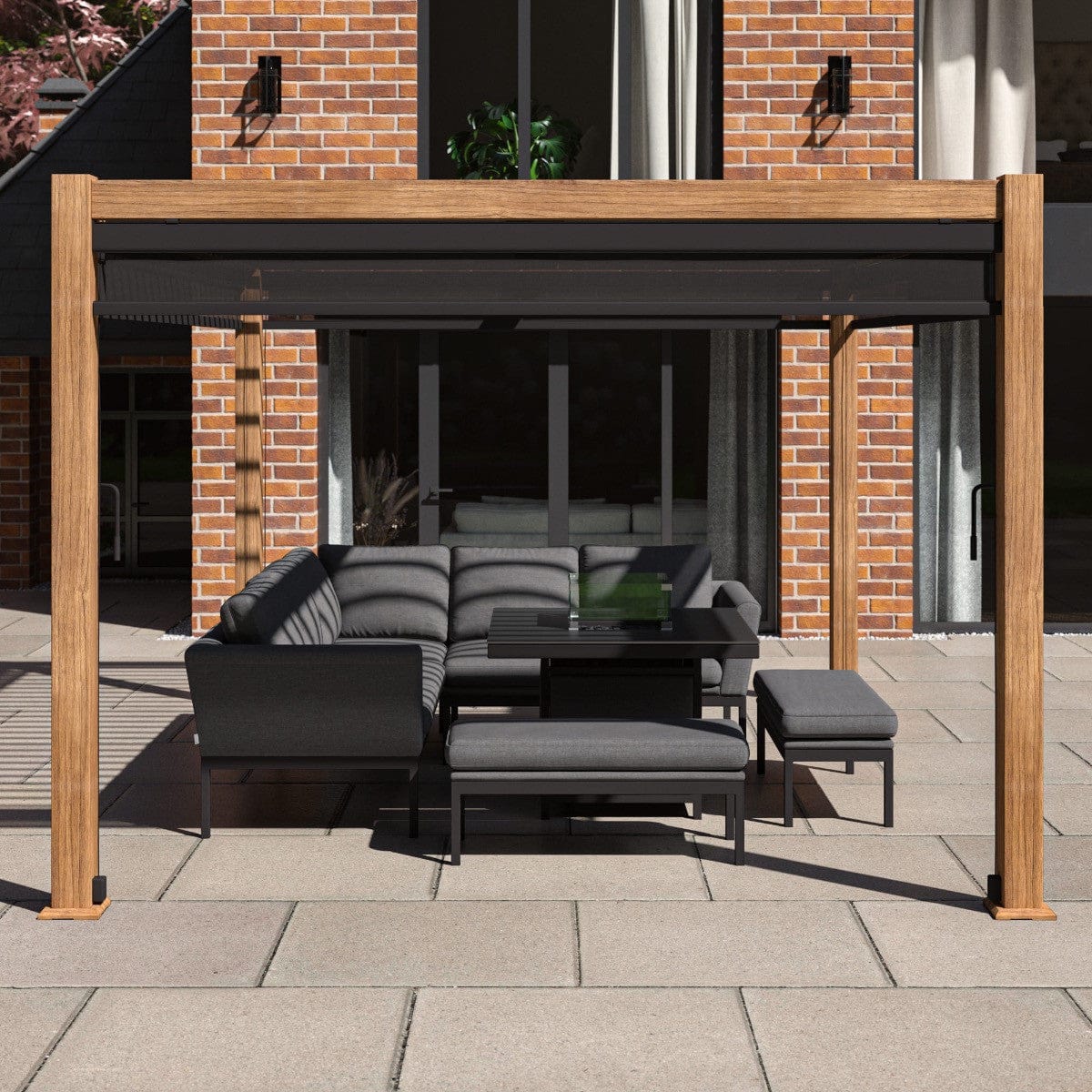 Maze Outdoors Como Pergola Aluminium Rectangular 30x40 / Wood Effect Frame / 4xBlinds / Grey House of Isabella UK