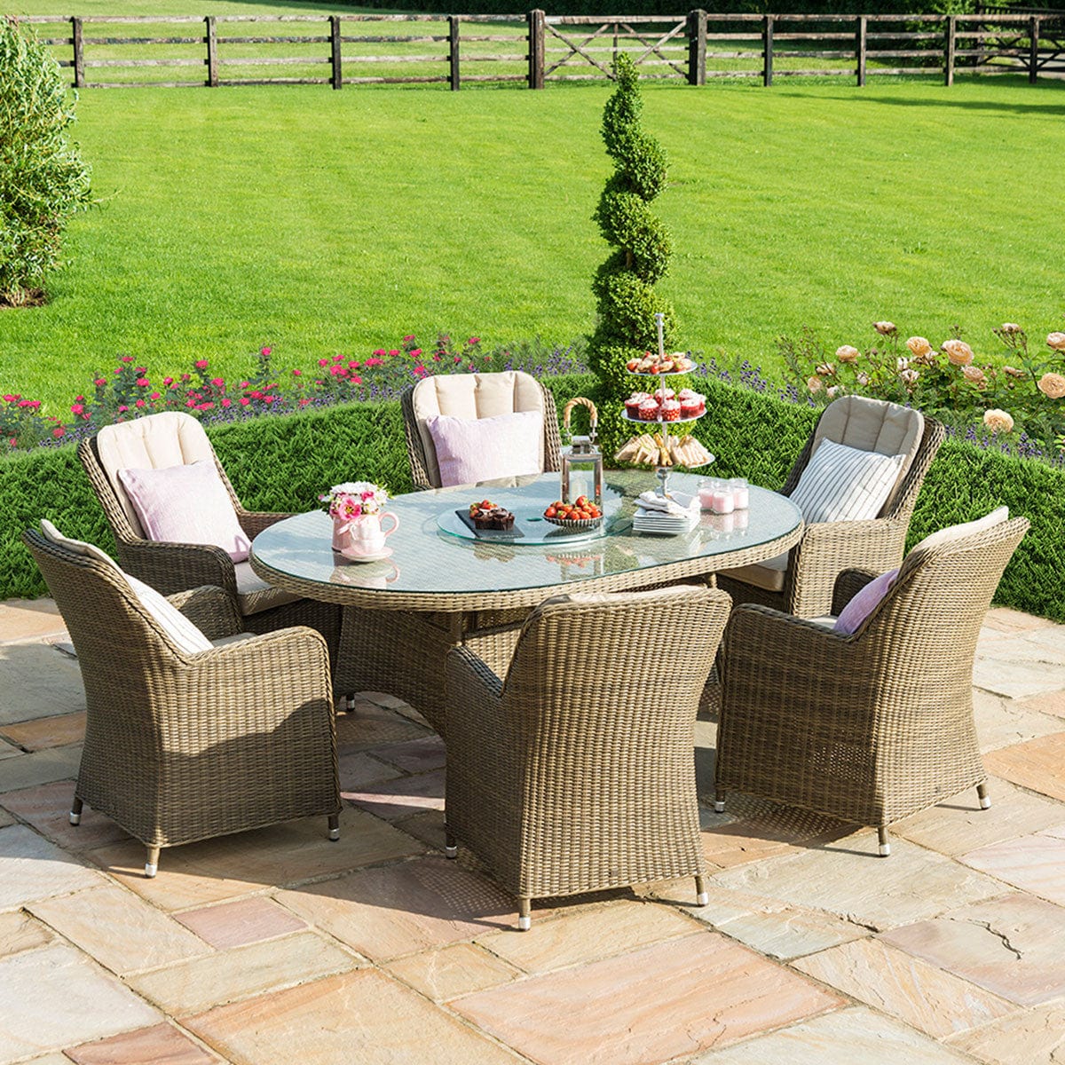 Maze Outdoors Winchester 6 Seat Oval Ice Bucket Dining Set with Venice Chairs Lazy Susan House of Isabella UK
