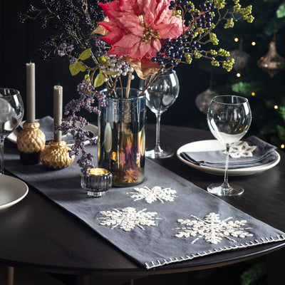 Bodhi Accessories Emb Snowflakes Table Runner Charcoal Small House of Isabella UK