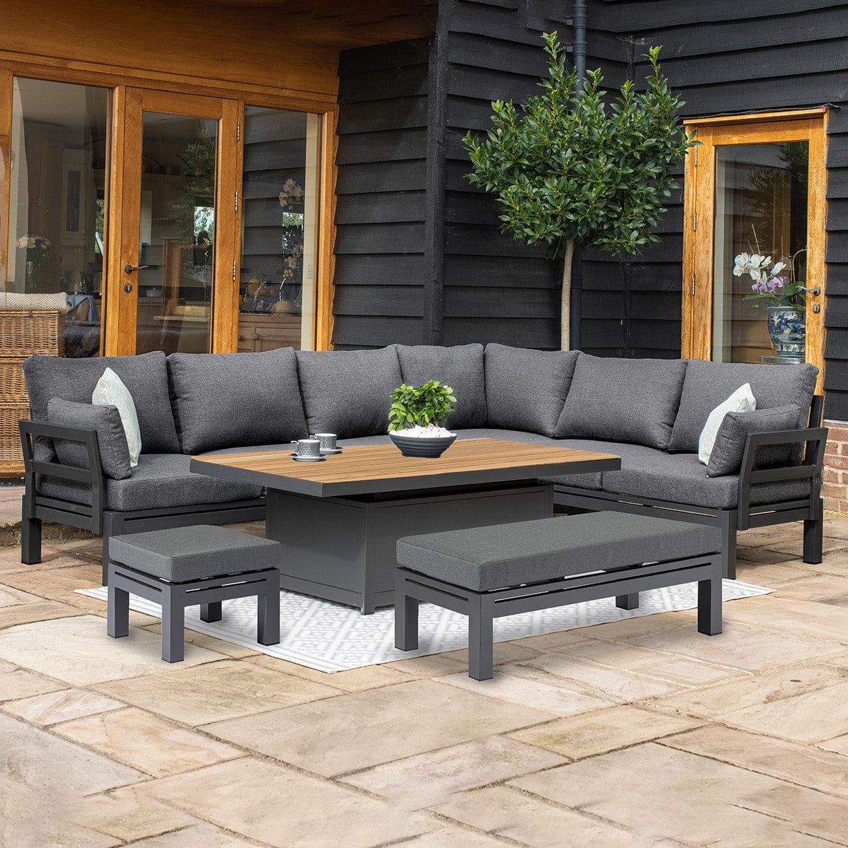 Maze Outdoors Oslo Corner Group with Teak Rising Table / Charcoal House of Isabella UK