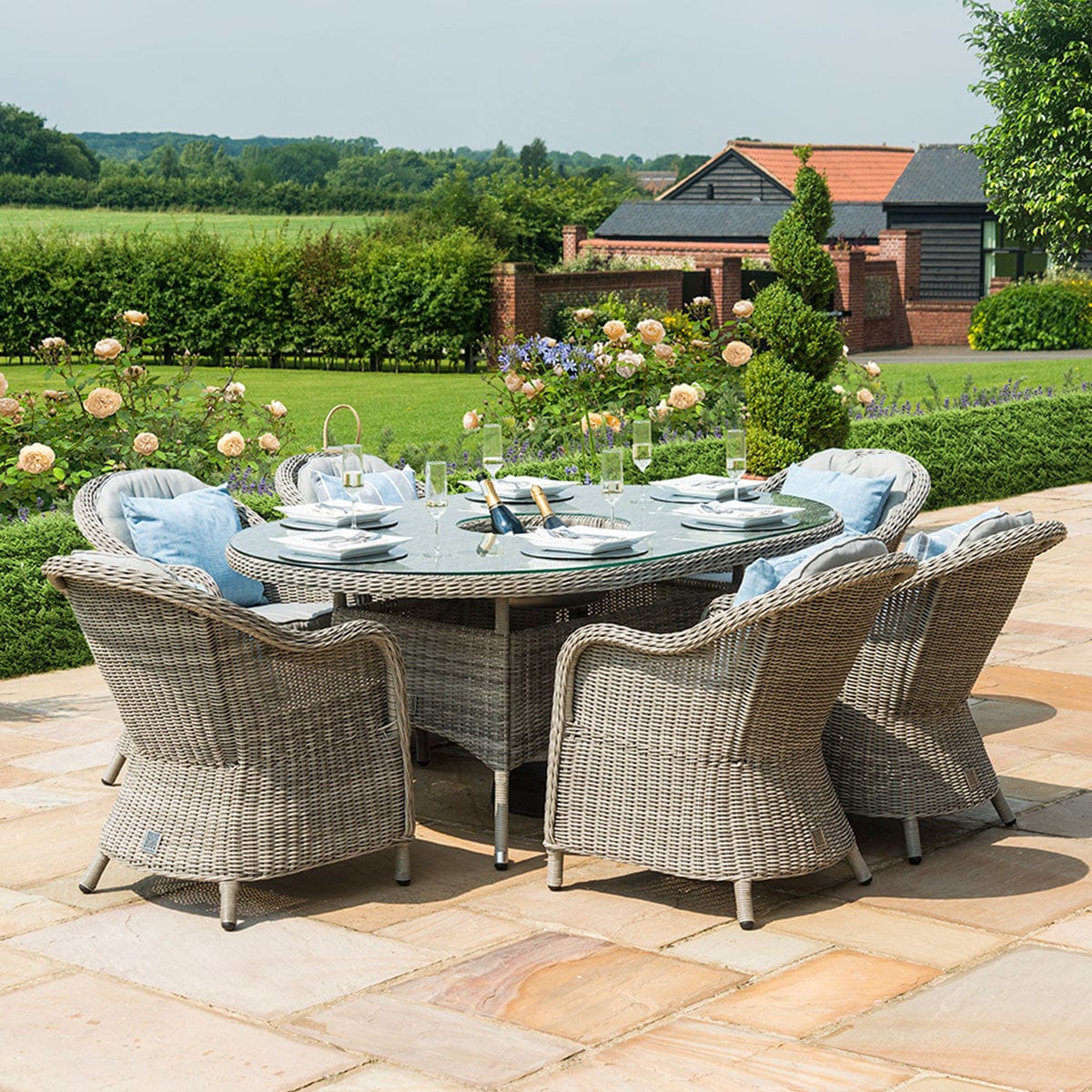 Maze Outdoors Oxford 6 Seat Oval Ice Bucket Dining Set with Heritage Chairs Lazy Susan House of Isabella UK
