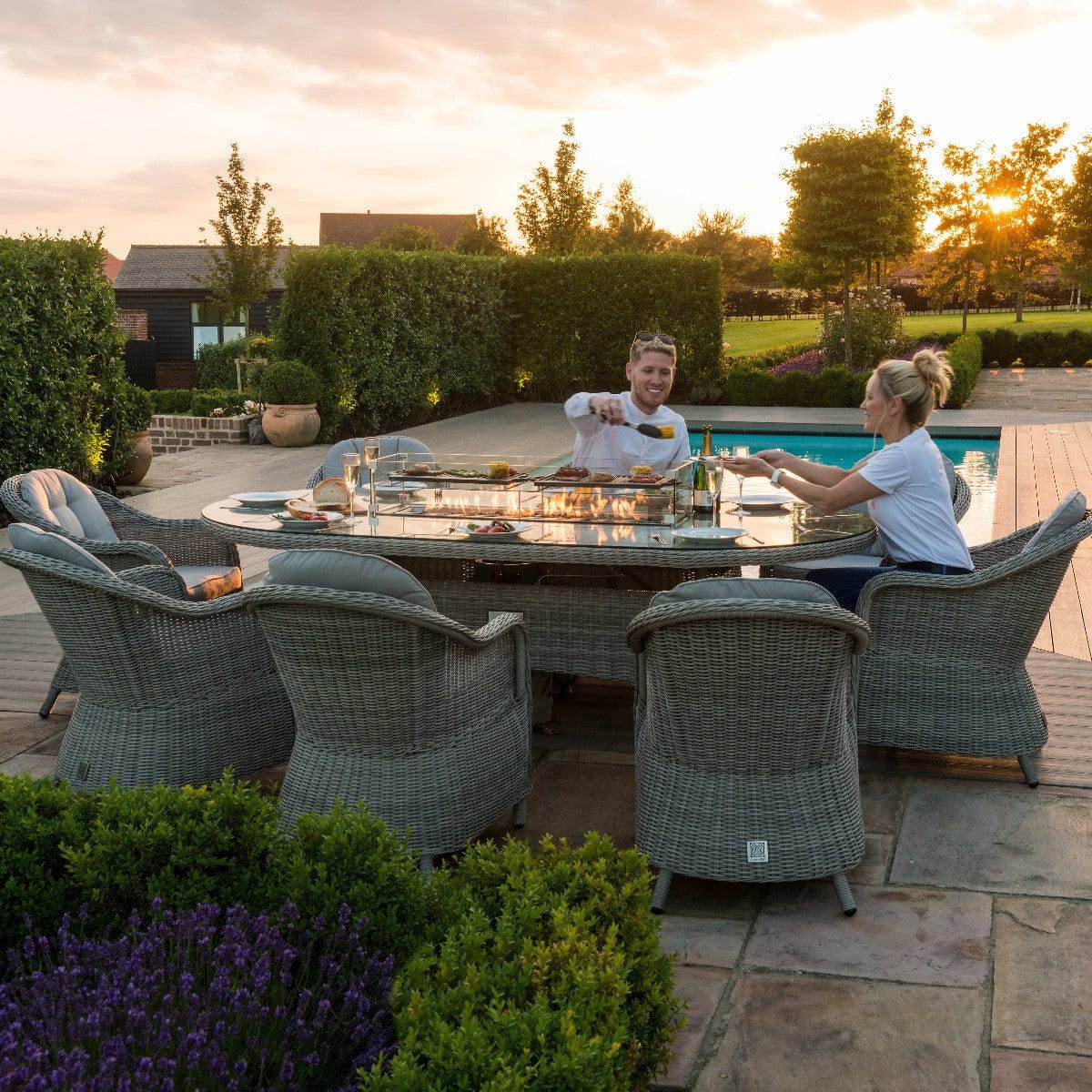 Maze Outdoors Oxford 8 Seat Oval Fire Pit Dining Set with Heritage Chairs House of Isabella UK