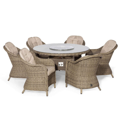 Maze Outdoors Winchester 6 Seat Round Fire Pit Dining Set with Heritage Chairs and Lazy Susan House of Isabella UK