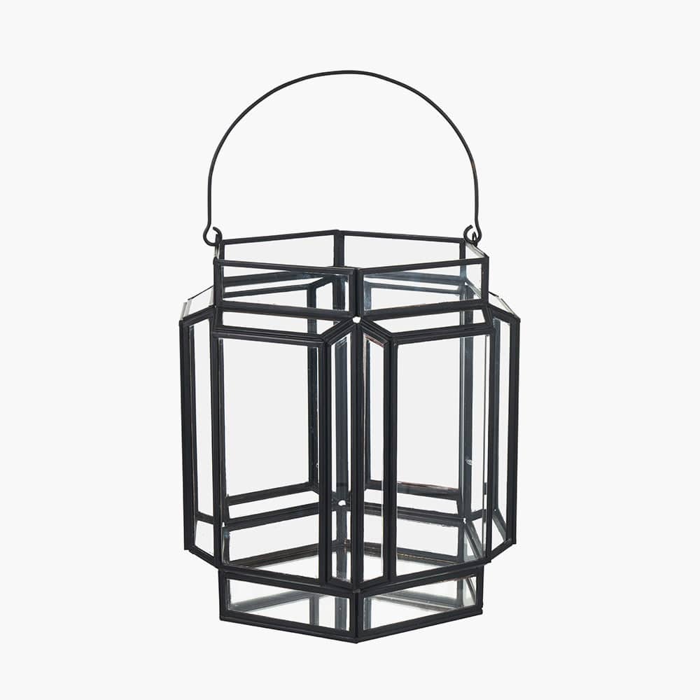 Pacific Lifestyle Accessories Disc - Black Metal and Glass Hexagon Wide Lantern House of Isabella UK
