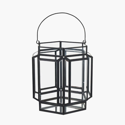 Pacific Lifestyle Accessories Disc - Black Metal and Glass Hexagon Wide Lantern House of Isabella UK