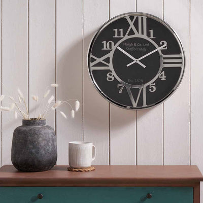Pacific Lifestyle Accessories Silver Metal and Black Face Round Wall Clock House of Isabella UK