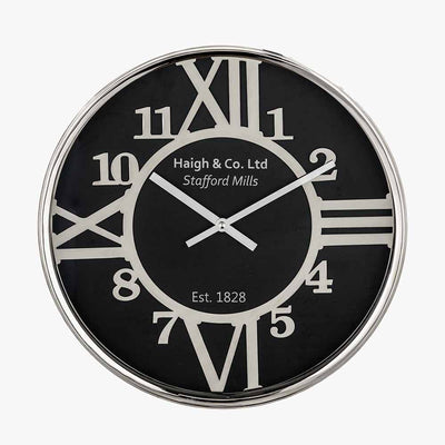 Pacific Lifestyle Accessories Silver Metal and Black Face Round Wall Clock House of Isabella UK