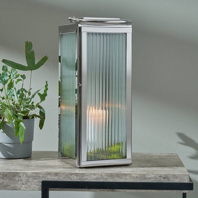 Pacific Lifestyle Accessories Silver Metal and Ribbed Glass Lantern Small House of Isabella UK