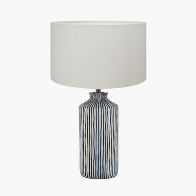 Pacific Lifestyle Lighting Bude Blue and White Stripe Stoneware Table Lamp with Henry 40cm White Handloom Cylinder Shade House of Isabella UK