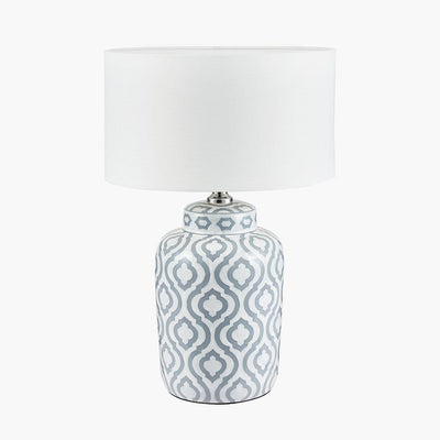 Pacific Lifestyle Lighting Celia Grey and White Pattern Ceramic Table Lamp with Harry 30cm Ivory Poly Cotton Cylinder Drum Shade House of Isabella UK