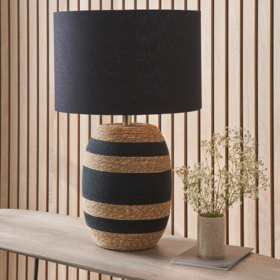 Pacific Lifestyle Lighting Kalutara Black and Natural Sea Grass Tall Table Lamp with Lino 40cm Black Self Lined Linen Drum Shade House of Isabella UK