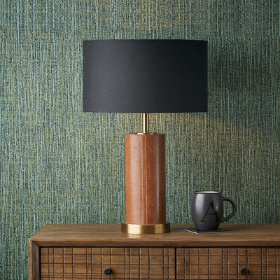 Pacific Lifestyle Lighting Laurence Tan Leather and Brass Cylindrical Table Lamp House of Isabella UK
