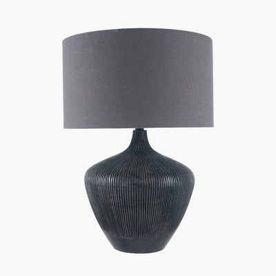 Pacific Lifestyle Lighting Manaia Antique Black Textured Wood Table Lamp with Henry 35cm Grey Handloom Cylinder Shade House of Isabella UK