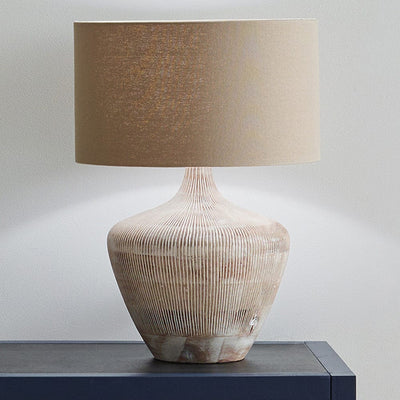 Pacific Lifestyle Lighting Manaia White Wash Textured Wood Table Lamp with Henry 35cm Taupe Handloom Cylinder Shade House of Isabella UK