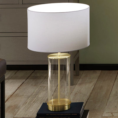 Pacific Lifestyle Lighting Westwood Clear Glass and Champagne Metal Table Lamp with Harry 35cm Ivory Poly Cotton Cylinder Drum Shade House of Isabella UK