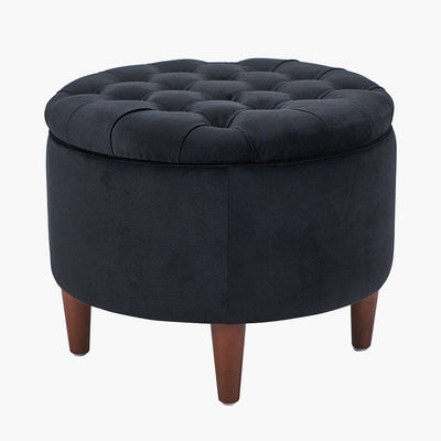 Pacific Lifestyle Living Alena Black Velvet and Dark Pine Wood Buttoned Storage Pouffe House of Isabella UK
