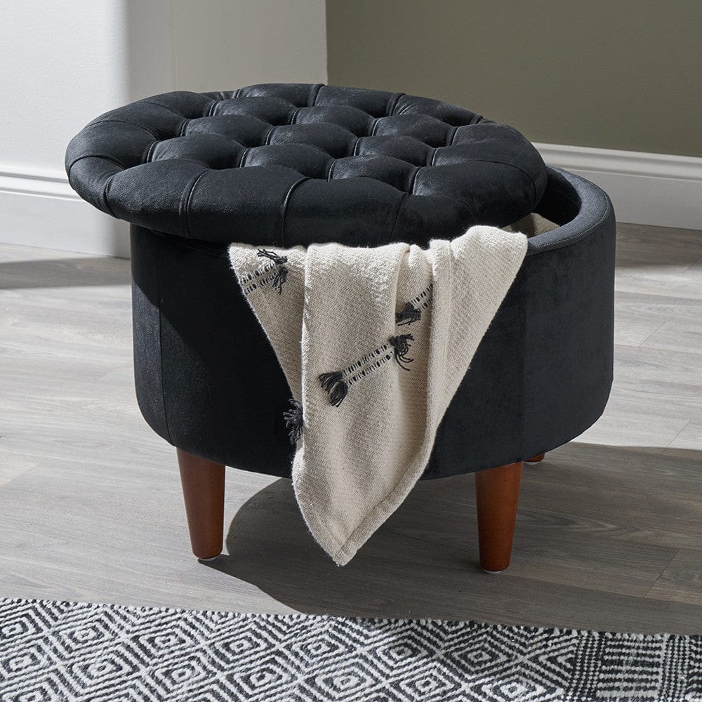 Pacific Lifestyle Living Alena Black Velvet and Dark Pine Wood Buttoned Storage Pouffe House of Isabella UK