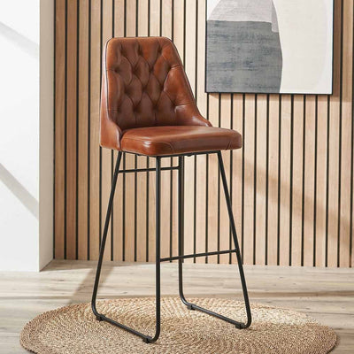 Pacific Lifestyle Living Camillo Vintage Brown Leather and Black Metal Diamond Back Bar Stool House of Isabella UK