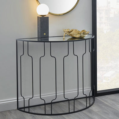 Pacific Lifestyle Living Caprisse Mirrored Glass and Graphite Metal Half Moon Console Table House of Isabella UK
