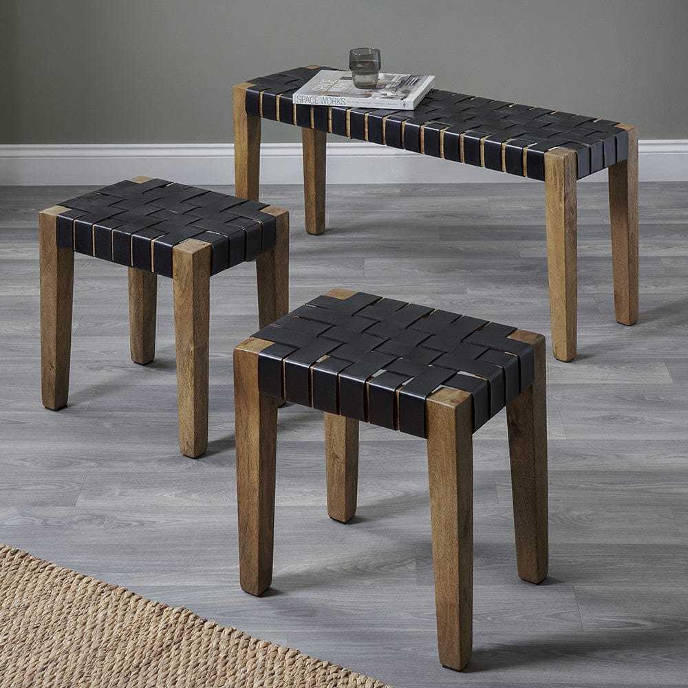 Pacific Lifestyle Living Claudio S/3 Black Leather and Mango Wood Bench and Stools House of Isabella UK