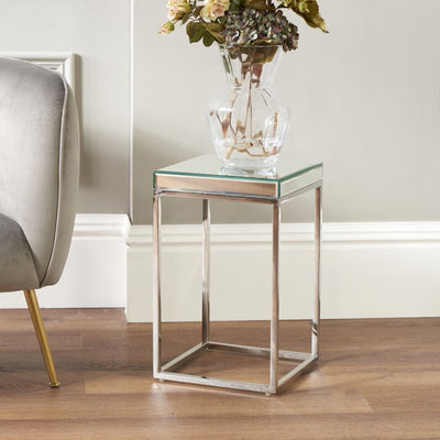 Pacific Lifestyle Living Elysee Mirrored Glass and Silver Metal Small Square Side Table House of Isabella UK