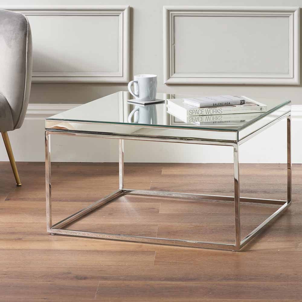 Pacific Lifestyle Living Elysee Mirrored Glass and Silver Metal Square Coffee Table House of Isabella UK