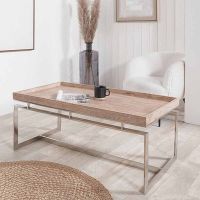 Pacific Lifestyle Living Evelyn Natural Antique Finish Mango Wood and Silver Metal Coffee Table House of Isabella UK