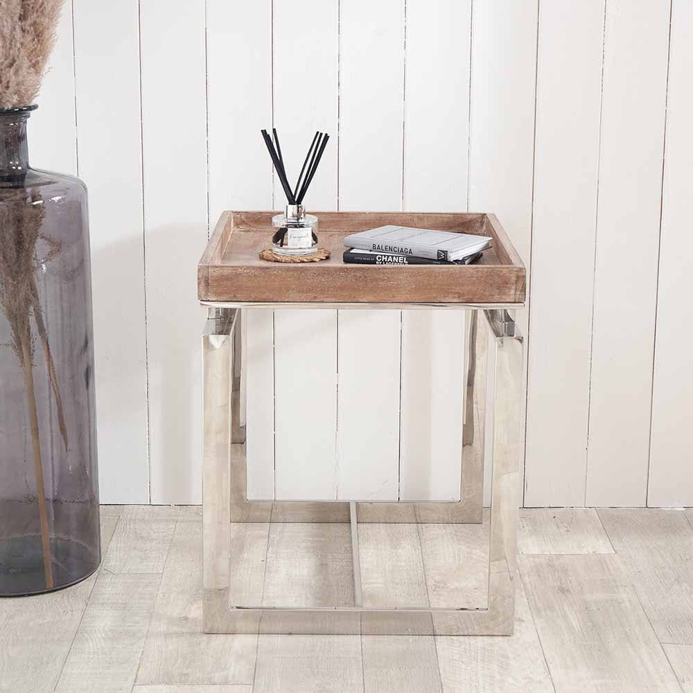 Pacific Lifestyle Living Evelyn Natural Antique Finish Mango Wood and Silver Metal Side Table House of Isabella UK