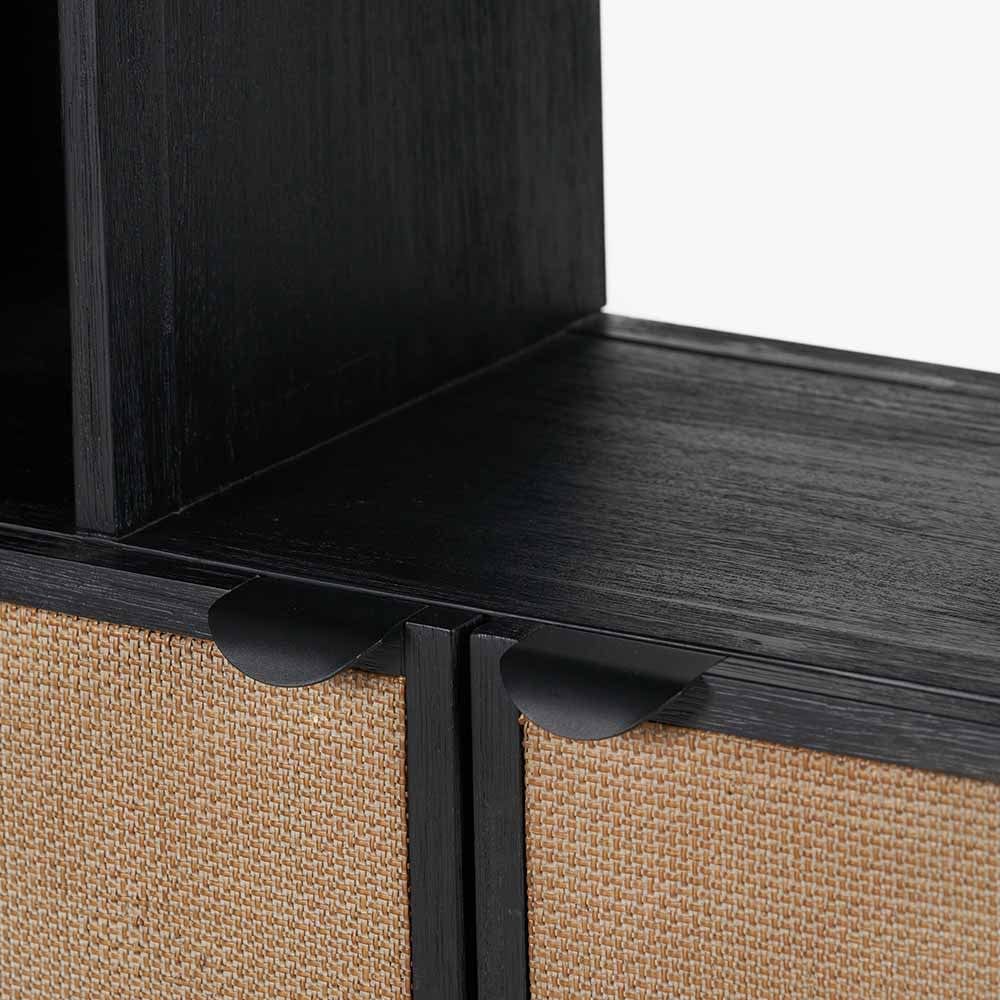 Pacific Lifestyle Living Fiji Black Acacia Wood and Natural Rattan 2 Door 6 Niche Shelf Unit House of Isabella UK
