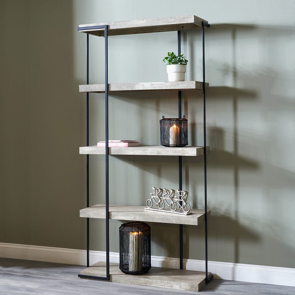 Pacific Lifestyle Living Jersey Concrete Effect Wood Veneer and Black Metal 5 Shelf Unit House of Isabella UK
