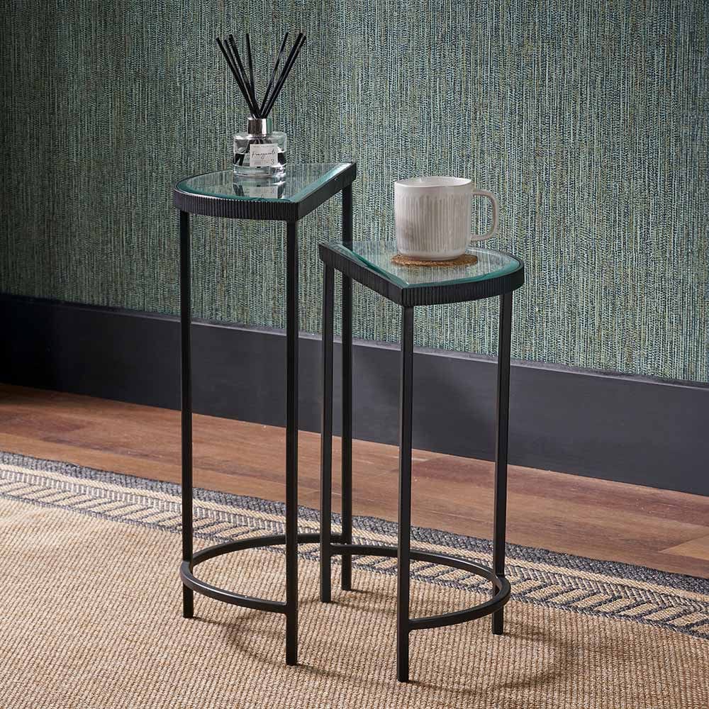 Pacific Lifestyle Living Marazzi S/2 Bevelled Glass and Black Metal Half Moon Side Tables House of Isabella UK