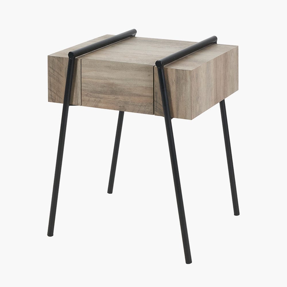 Pacific Lifestyle Living Osato Light Brown Wood Veneer and Black Metal 1 Drawer Side Table House of Isabella UK