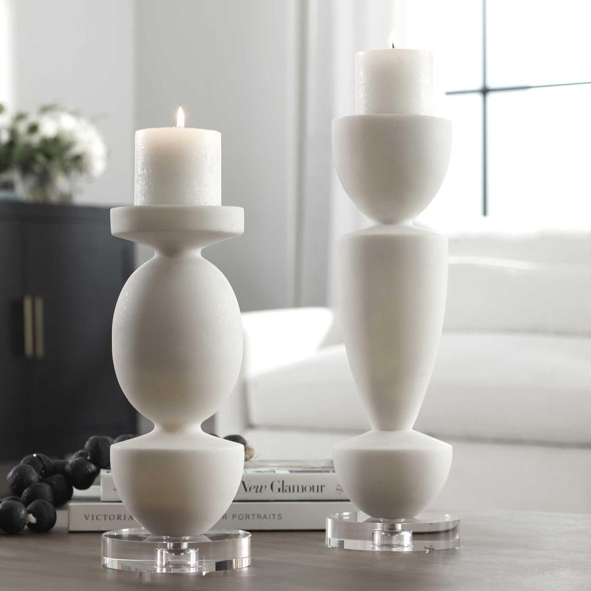 Uttermost Lido White Stone Candleholders | Set of 2