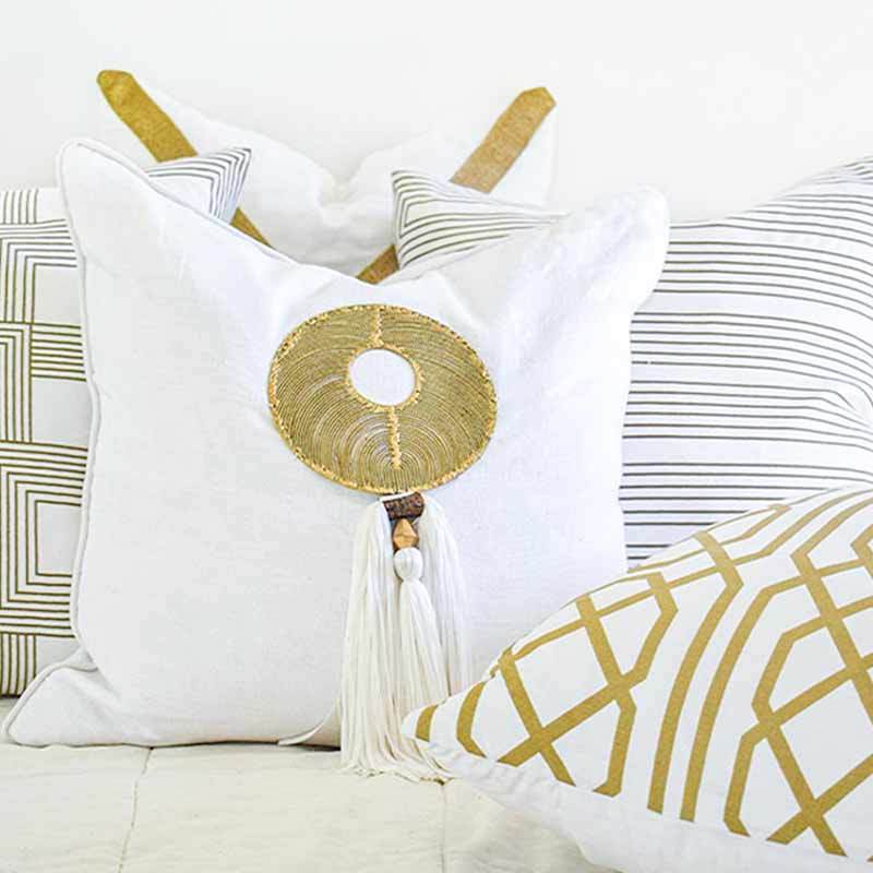 Bandhini Homewear Design Accessories Tassel Disc Gold Lounge Cushion 55 x 55 cm House of Isabella UK