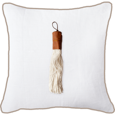 Bandhini Homewear Design Accessories Tassel Feather White Linen Lounge Cushion 55 x 55cm House of Isabella UK