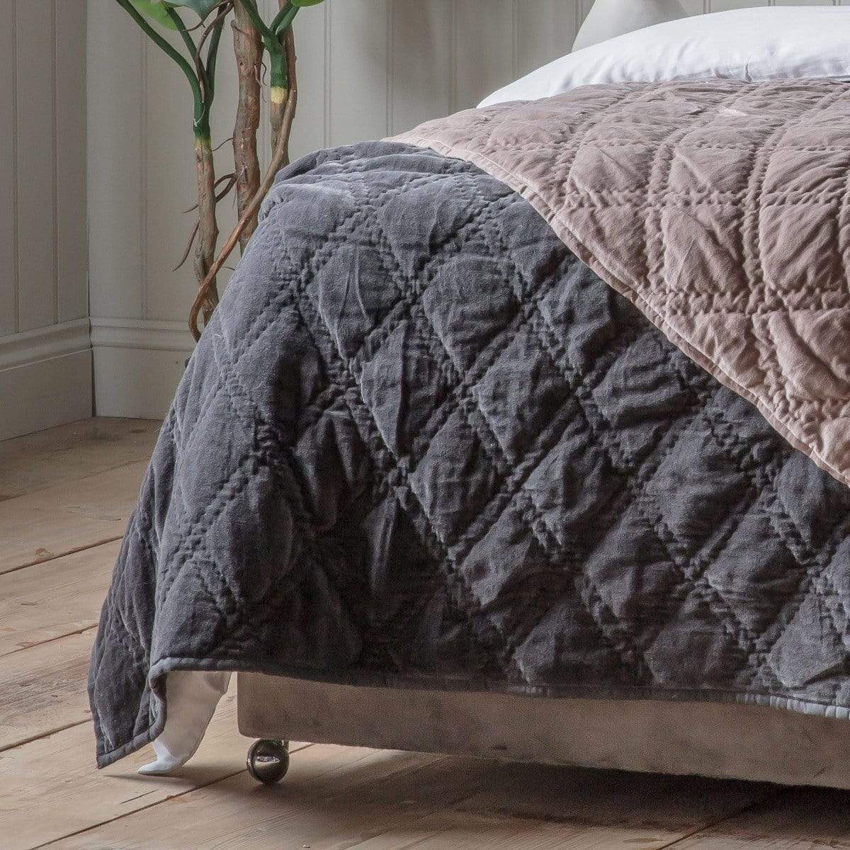 Bodhi Sleeping Quilted Diamond Bedspread Charcoal House of Isabella UK