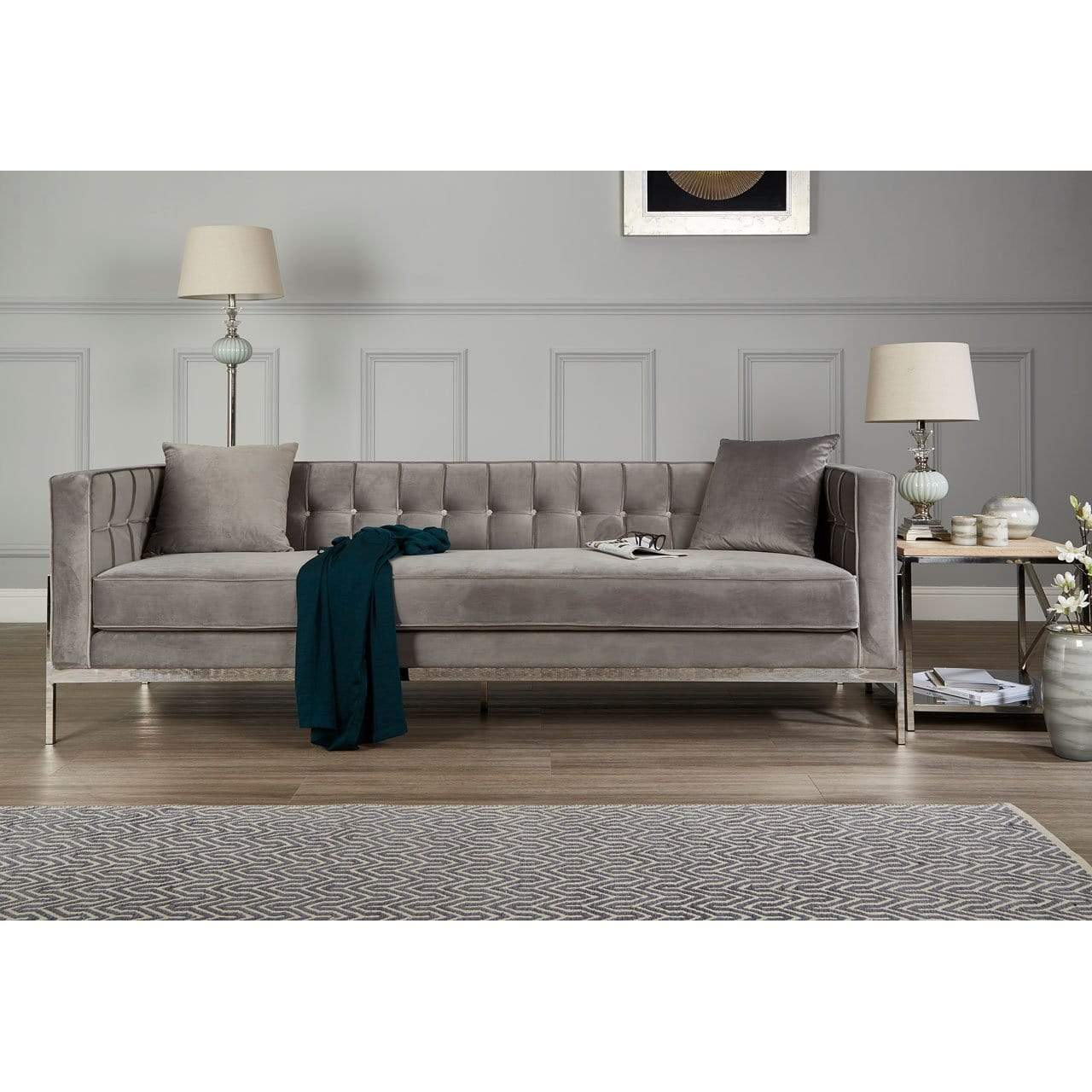 Hamilton Interiors Living Rena Grey Velvet 3 Seat Sofa House of Isabella UK