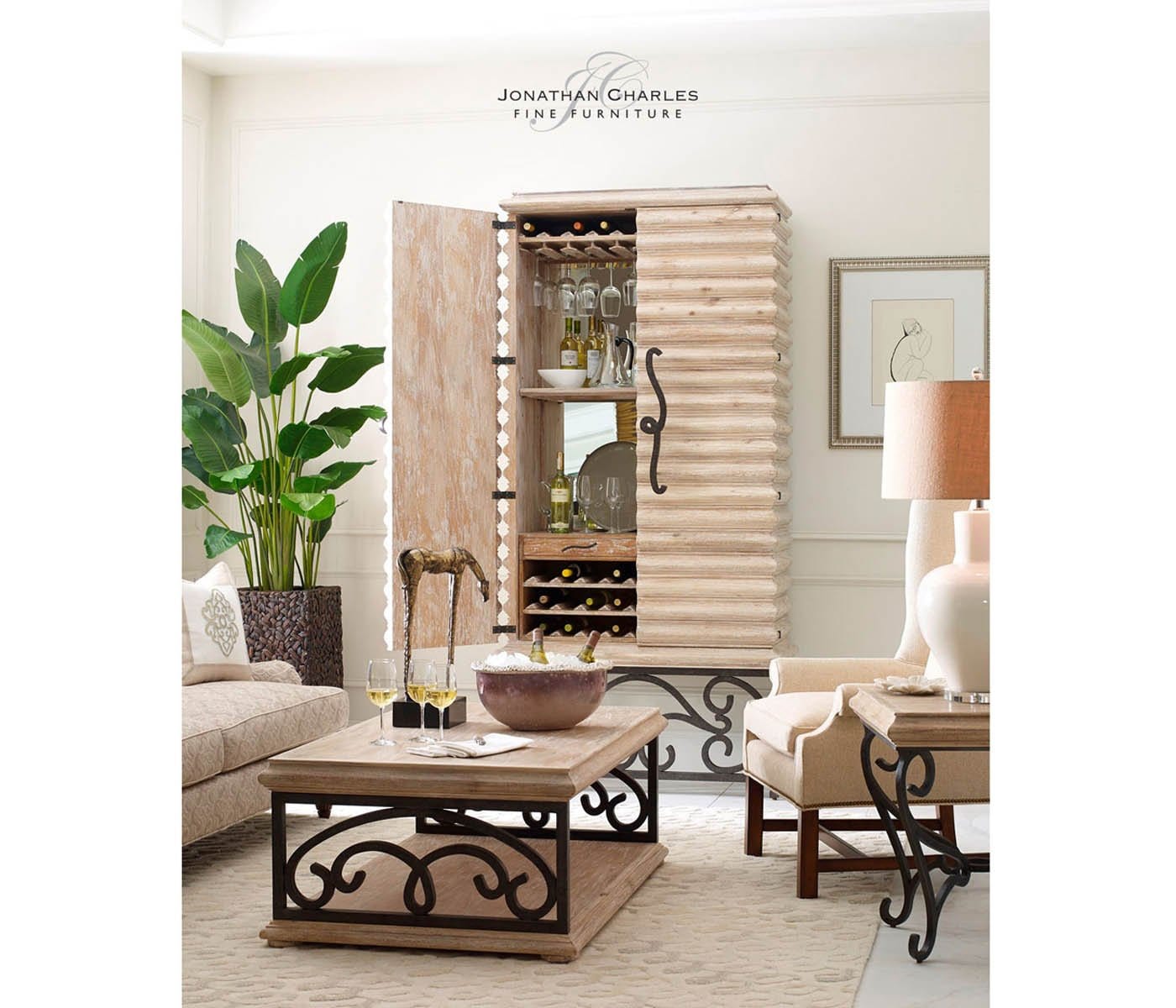Jonathan Charles Living Jonathan Charles Wine Cabinet with Wrought Iron Base - Limed House of Isabella UK