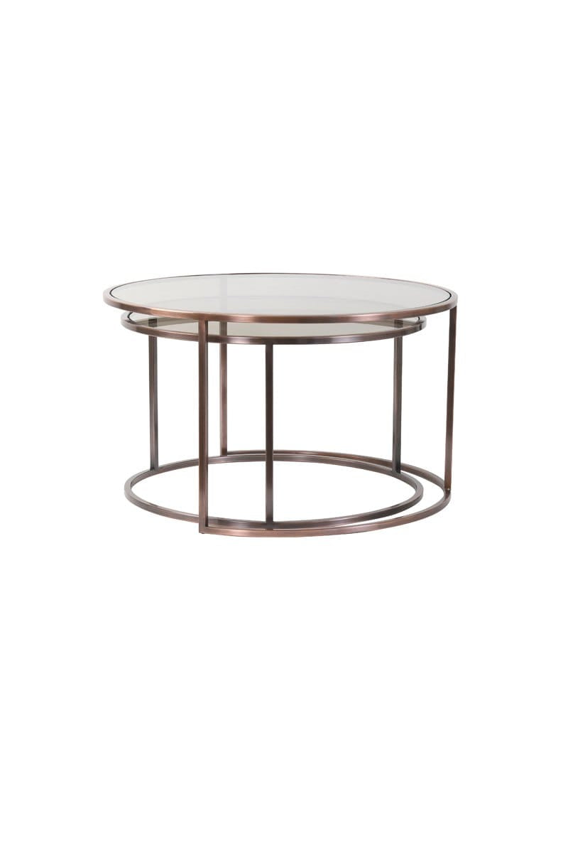 Light & Living Living Coffee table S/2 Ø65x39+Ø75x44 cm DUARTE gls brwn+ant copper House of Isabella UK