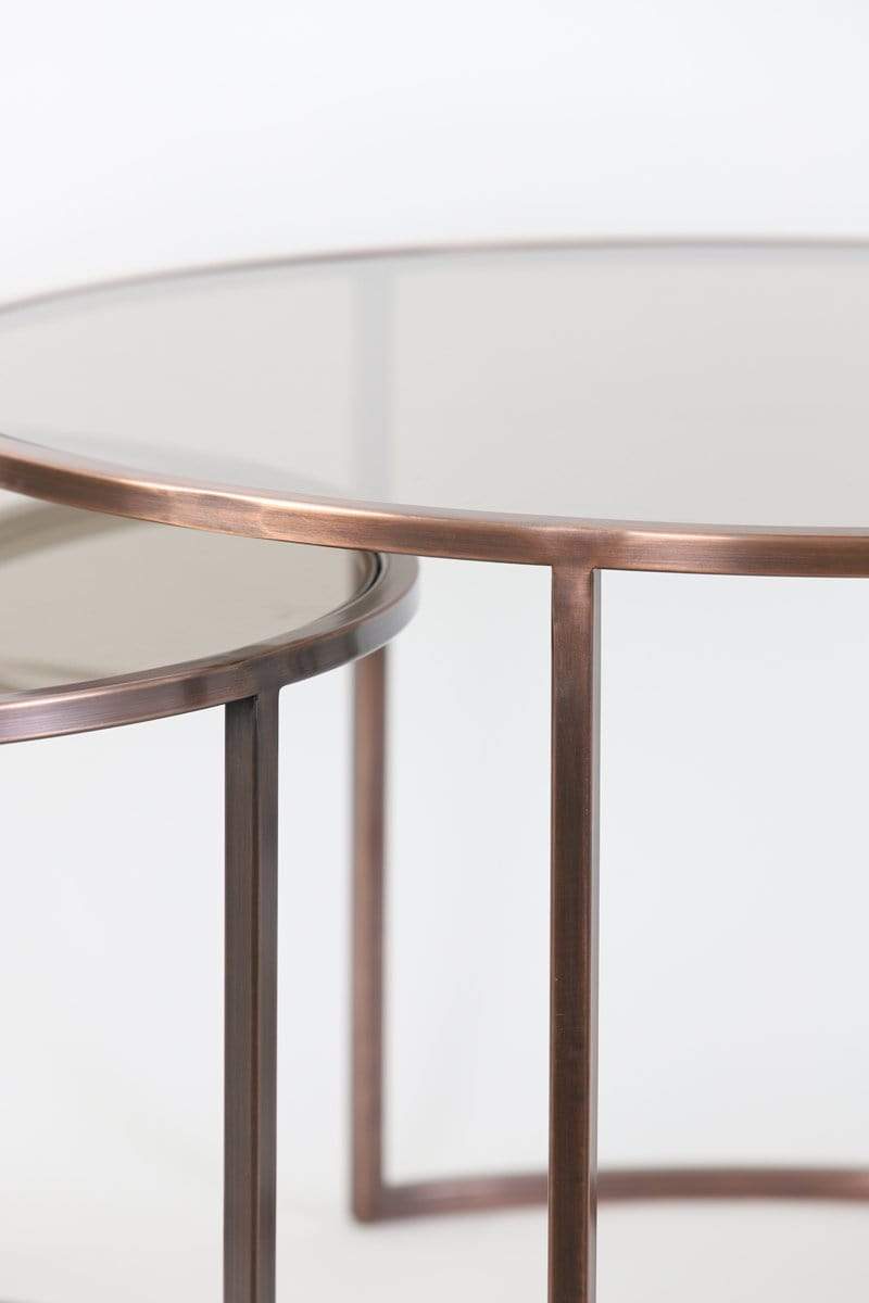 Light & Living Living Coffee table S/2 Ø65x39+Ø75x44 cm DUARTE gls brwn+ant copper House of Isabella UK