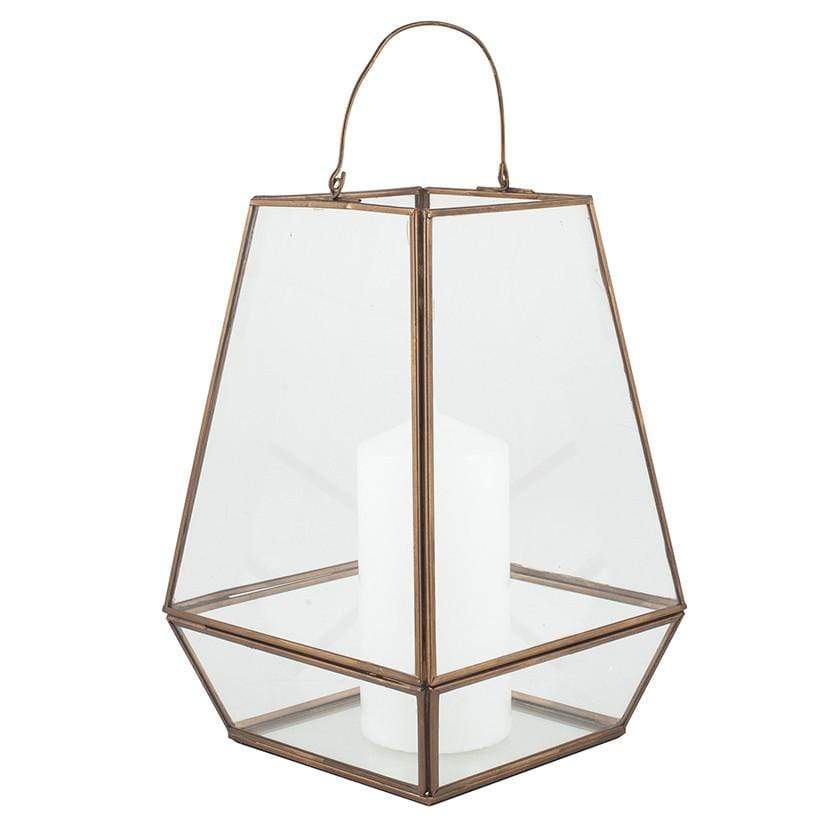 Pacific Lifestyle Accessories Antique Brass Metal & Clear Glass Geo Lantern House of Isabella UK