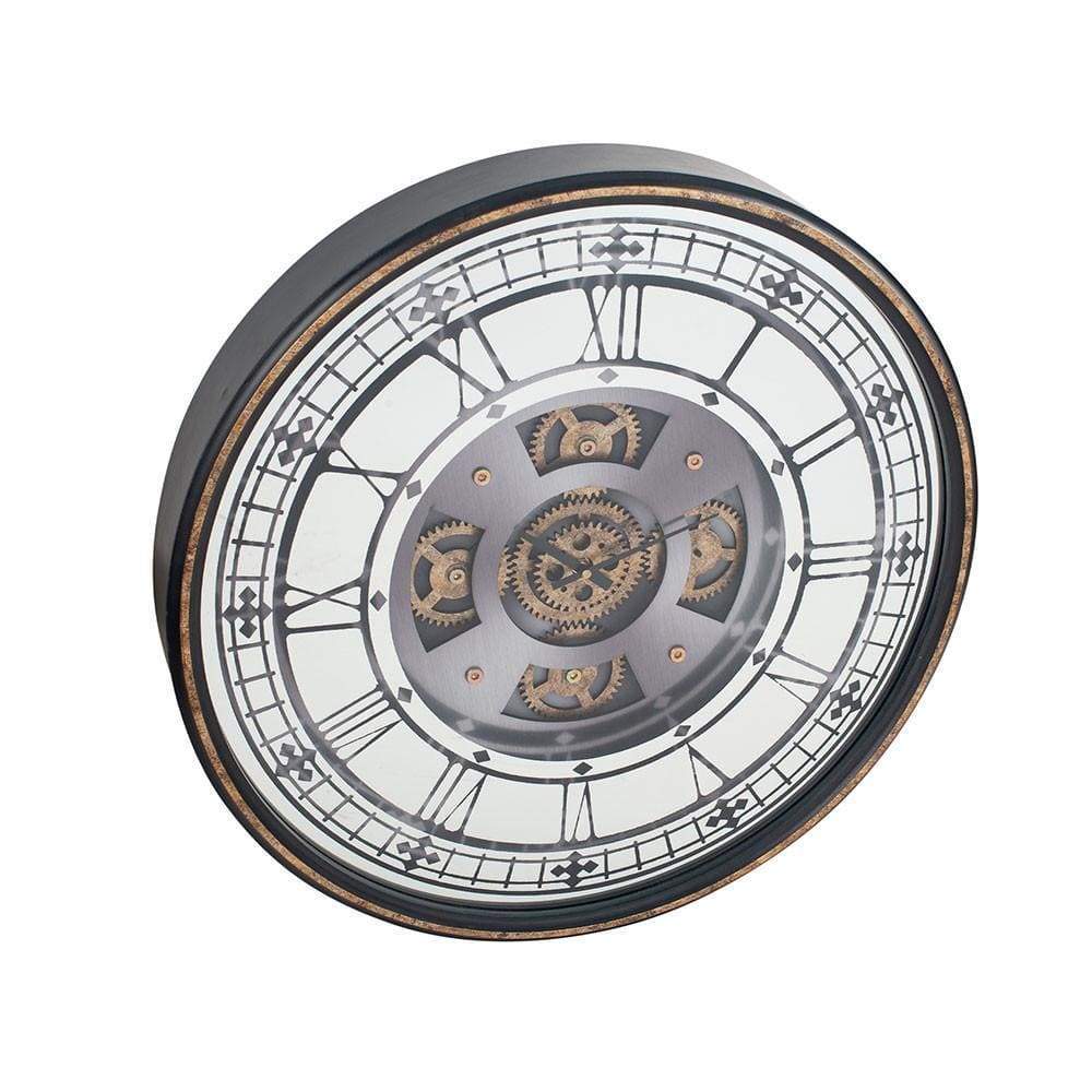 Pacific Lifestyle Accessories Antique Gold Wood & Mirror Round Working Cog Wall Clock House of Isabella UK