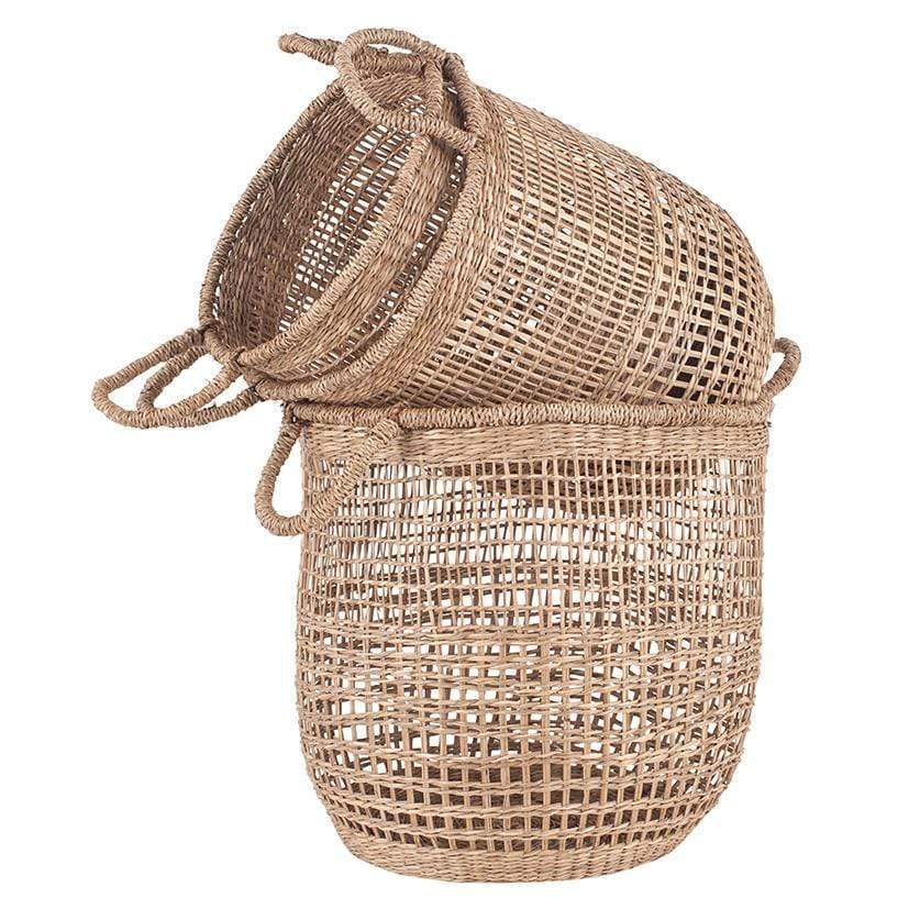 Pacific Lifestyle Accessories S/3 Open Weave Seagrass Round Handled Baskets House of Isabella UK