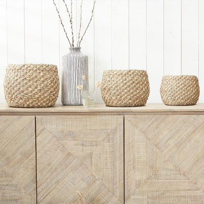 Pacific Lifestyle Accessories S/3 Woven 2-Tone Natural Seagrass and Palm Leaf Plaited Round Baskets House of Isabella UK