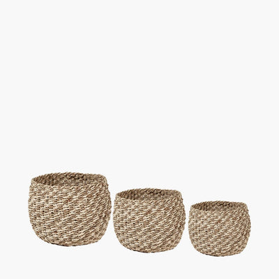 Pacific Lifestyle Accessories S/3 Woven 2-Tone Natural Seagrass and Palm Leaf Plaited Round Baskets House of Isabella UK