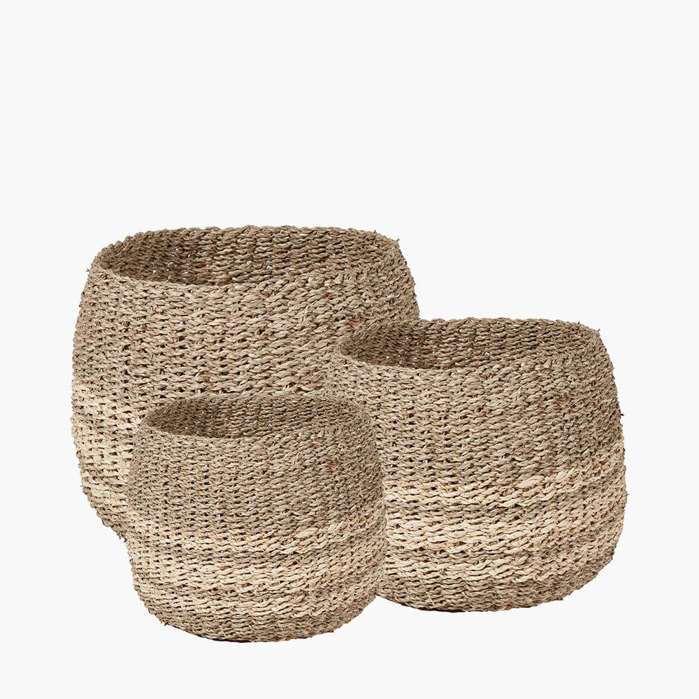 Pacific Lifestyle Accessories S/3 Woven 2-Tone Natural Seagrass and Palm Leaf Round Baskets House of Isabella UK