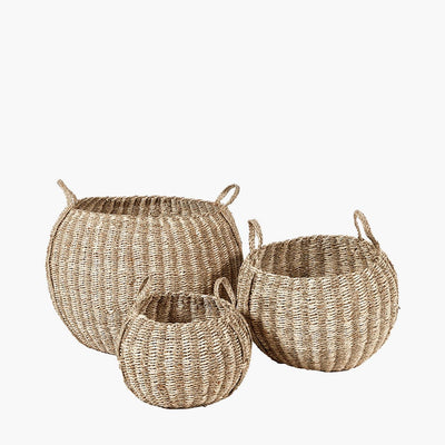 Pacific Lifestyle Accessories S/3 Woven Striped Natural Seagrass and Palm Leaf Round Baskets House of Isabella UK