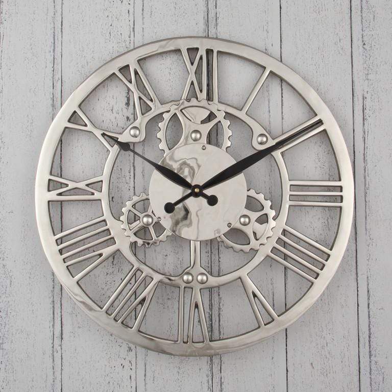 Pacific Lifestyle Accessories Shiny Nickel Cog Design Round Wall Clock Small House of Isabella UK