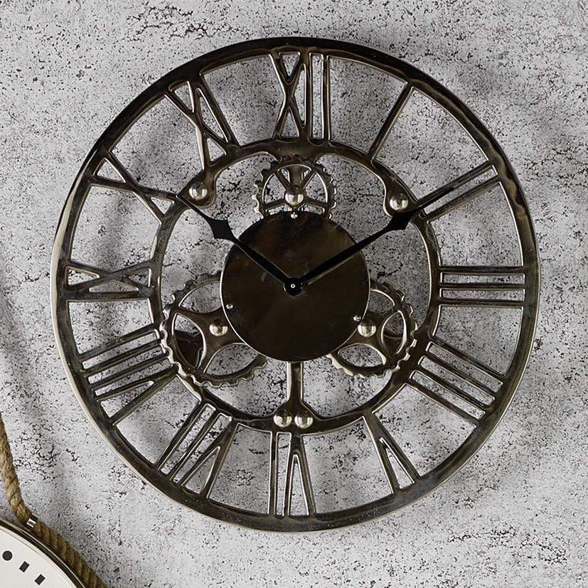 Pacific Lifestyle Accessories Shiny Nickel Cog Design Round Wall Clock Small House of Isabella UK