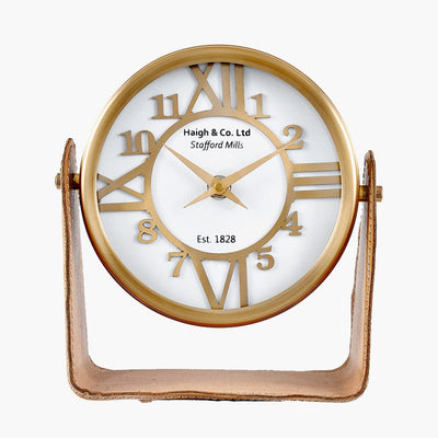 Pacific Lifestyle Accessories Tan Leather and Antique Brass Table Desk Clock House of Isabella UK